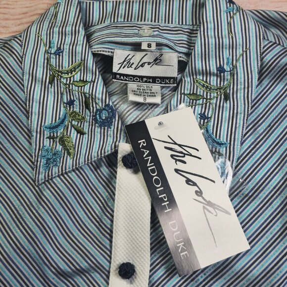 Randolph Duke The Look Embroidered Silk Striped Button-Up Shirt Womens Size 8 - Picture 5 of 9